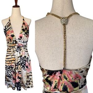 Y2K Sky Multicolor Halter Mini Dress with Gold Chain & Rhinestone Tiger Charm M